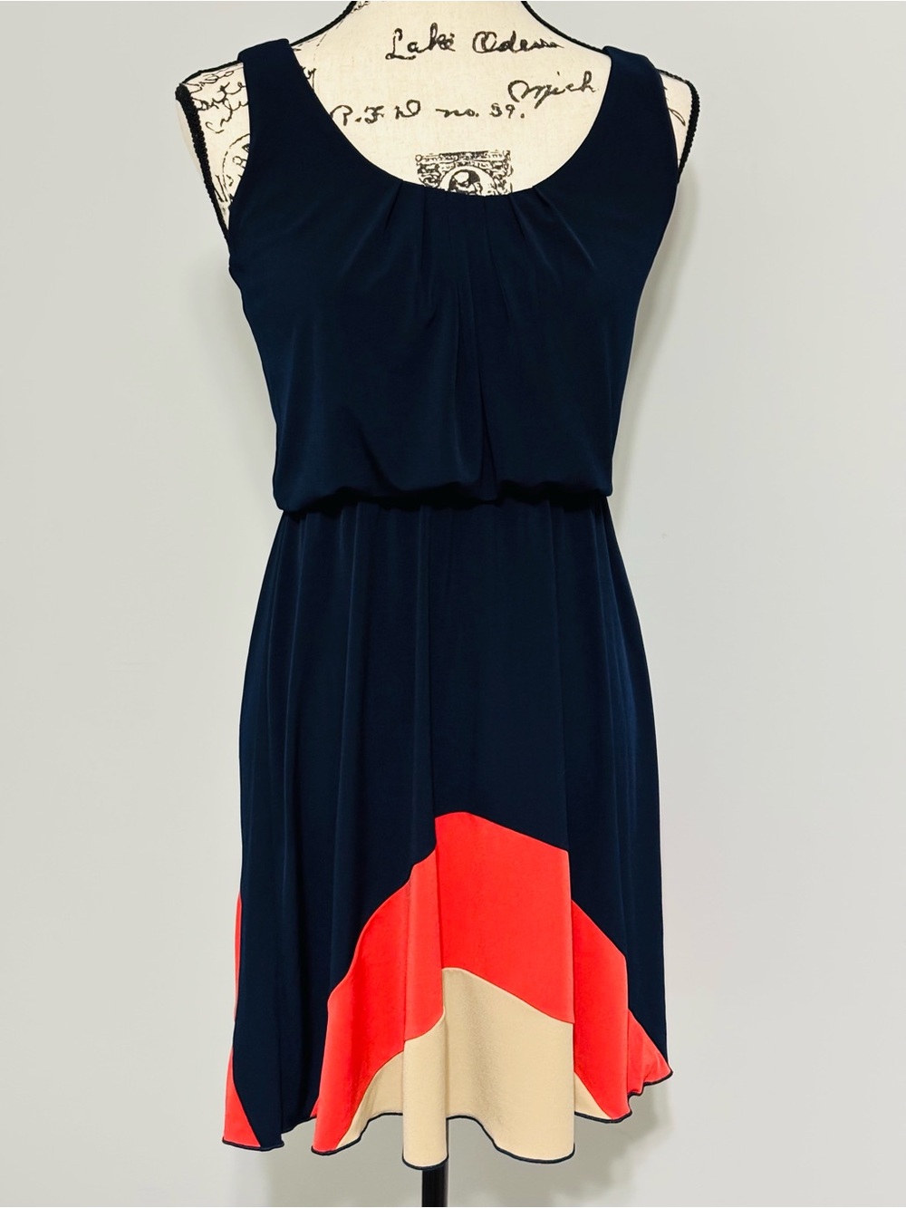Enfocus Studio Navy Sleeveless Blouson Dress with Coral and Cream Hem Size 4